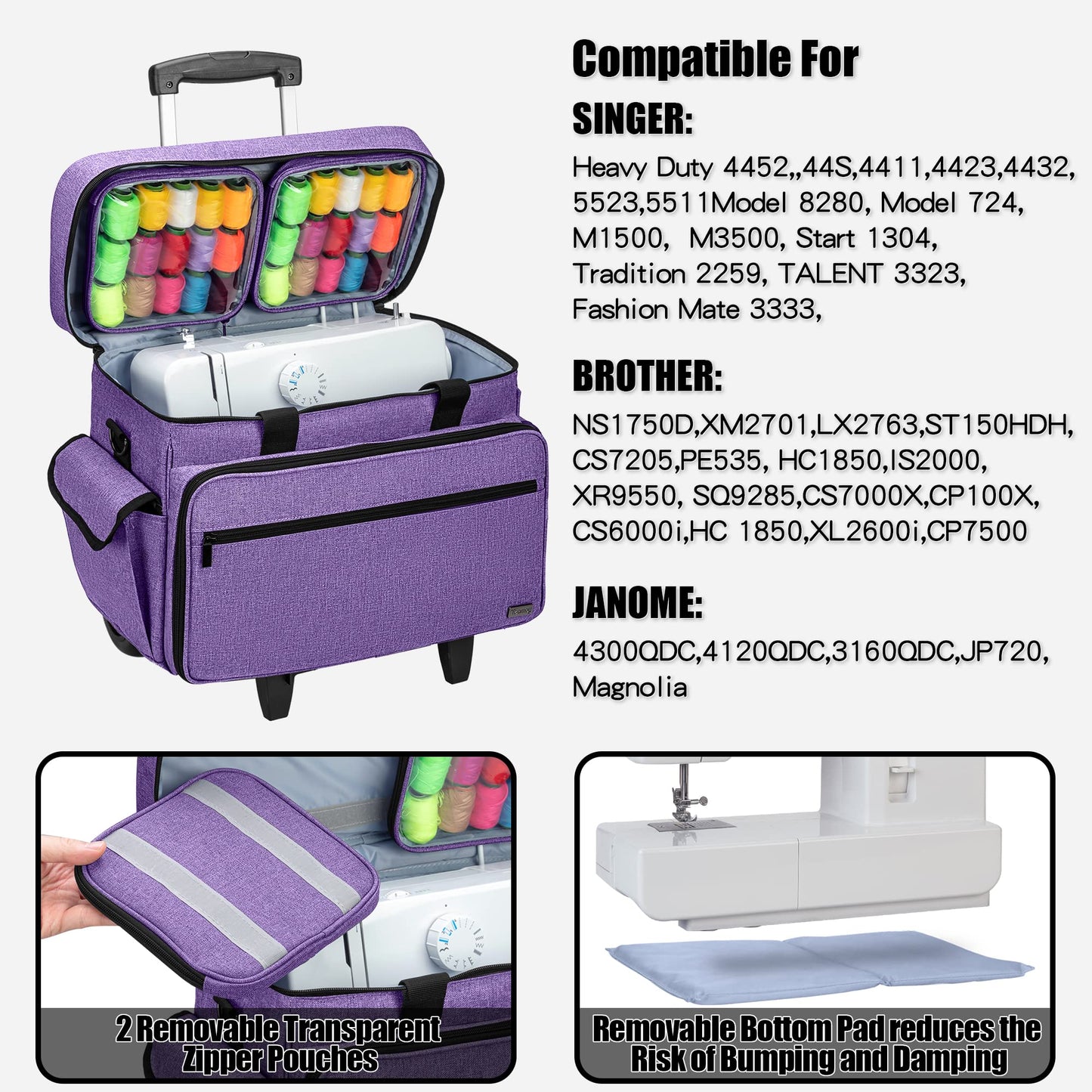 Teamoy Sewing Machine Case with Detachable Wheels, Rolling Sewing Machine Tote with Wheels and Bottom Wooden Pad, Compatible with Singer, Brother and Most Majority Machines and Accessories, Purple