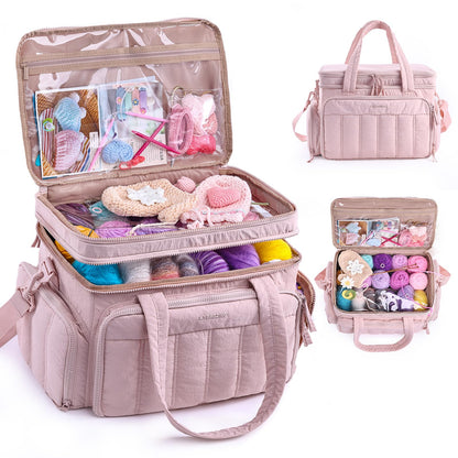 MYBAGZING Large Knitting & Crochet Bag Organizer for Yarn Storage, Double-Layer Knitting Project Bag with 6 Grommets, Yarn Organizer Tote for Knitting Supplies Crochet Hooks & Accessories Gift for Mom