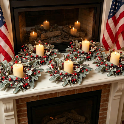 6 PCS Patriotic 4th of July Candle Rings Wreaths Independence Day Candle Rings Holder with Red White Blue Berries & Lamb's Leaves Mini Memorial Day Labor Day Wreath for Home Table Centerpiece Decor