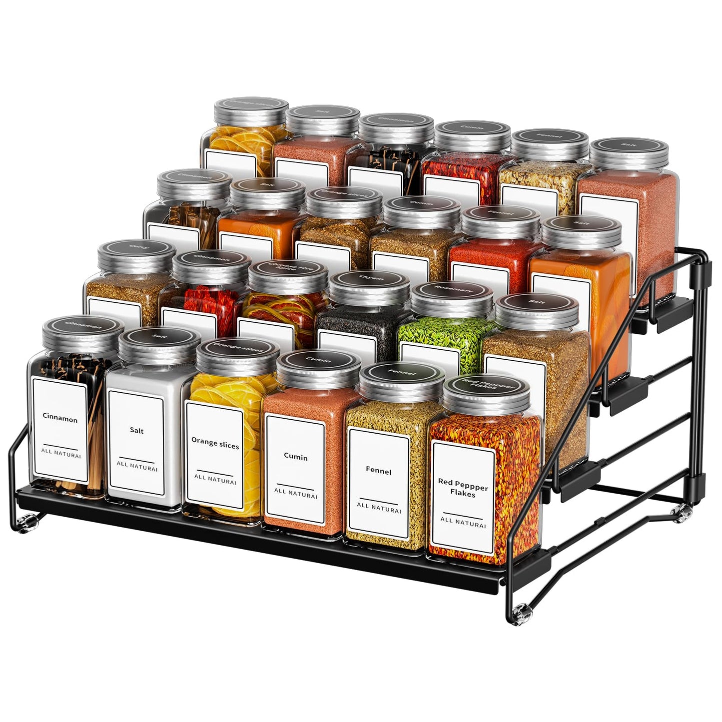 BOIVSHI 4 Tier Spice Rack for Cabinet, Spice Rack Organizer, Depth Adjustable Spice Holder for Countertop, Cupboard, Pantry, Seasoning Shelf, Metal, Black (1 Pack)