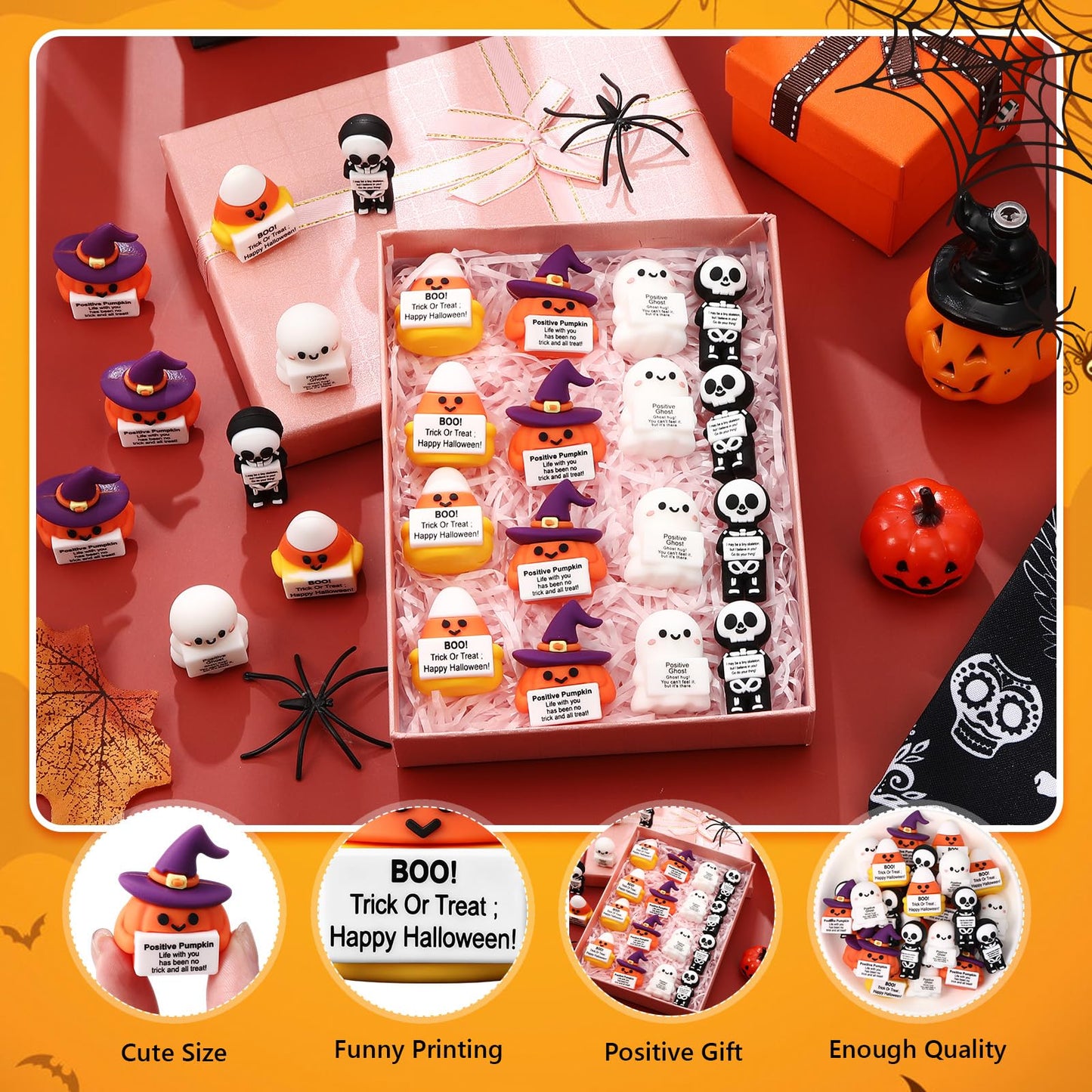 Gejoy 25 Pcs Halloween Mini Rubber Figurine with Motivational Messages Mini Ghost Pumpkin Candy Corn Skeleton Positivity Signs for Office Home Halloween Party Decorations Gifts
