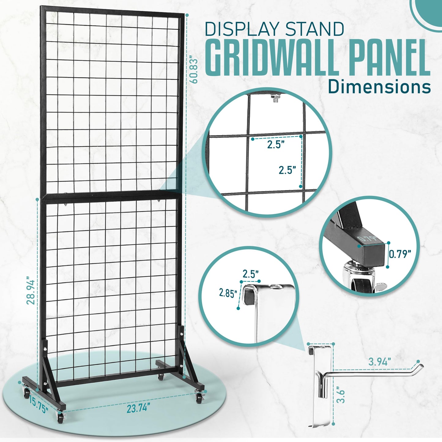 2 Gridwall Panels | 5 FT Tall x 2 FT Wide Portable Display Stand for Vendor Events with Caster Wheels | Heavy Duty Grid Wall with 16 Hooks Included | Gridwall Panel Display Stand for Easy Assembly