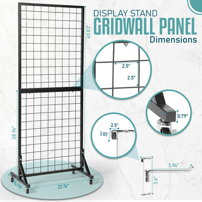 2 Gridwall Panels | 5 FT Tall x 2 FT Wide Portable Display Stand for Vendor Events with Caster Wheels | Heavy Duty Grid Wall with 16 Hooks Included | Gridwall Panel Display Stand for Easy Assembly