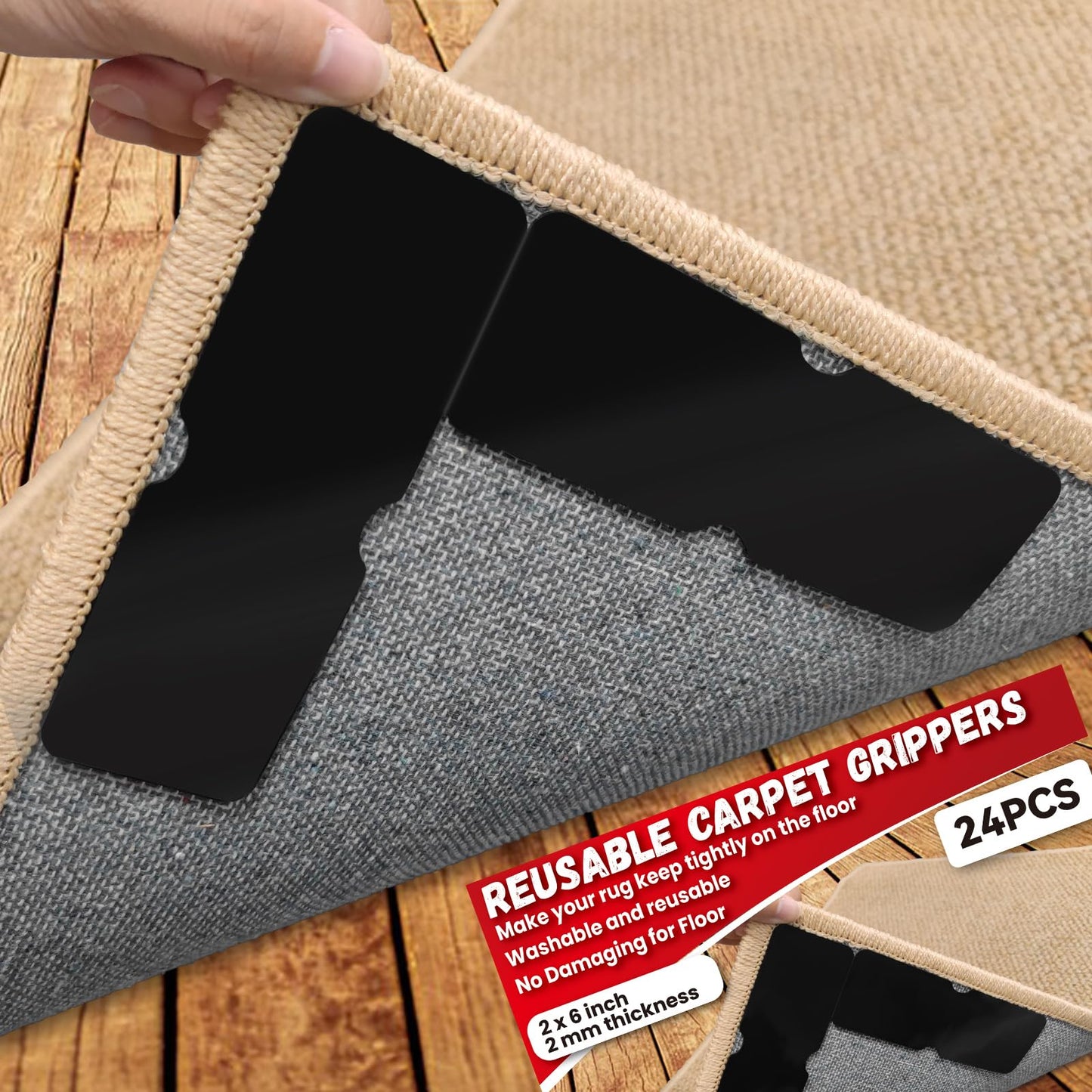 Rug Carpet Non Slip Grippers, Reusable Carpet Tape, No Damaging for Hardwood Floors, Strong Hold Rug Stickers for Area Rugs, Keep Corners Flat, Removable,16Pcs