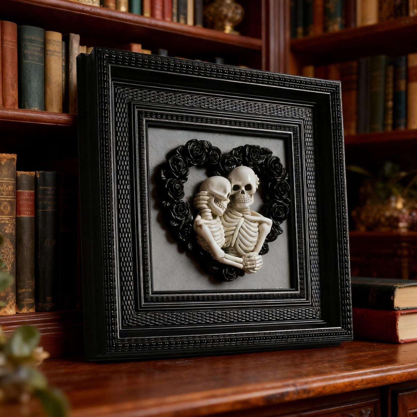 Skeleton Couple Hugging 3d Wall Sculpture Love Never Dies Black Wedding Roses Heart Wreath with Black Framed for Home Decor Accents, Living Room, Entryway Wall Art, Gothic Wall Decor