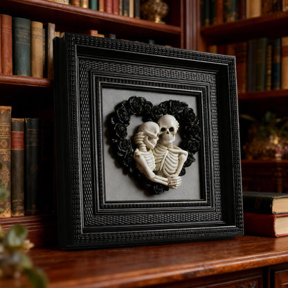 Skeleton Couple Hugging 3d Wall Sculpture Love Never Dies Black Wedding Roses Heart Wreath with Black Framed for Home Decor Accents, Living Room, Entryway Wall Art, Gothic Wall Decor