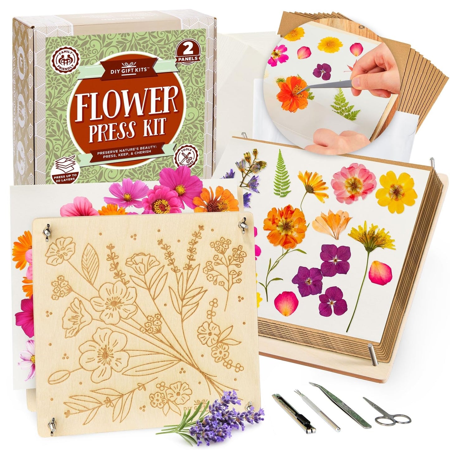 DIY Gift Kits Flower Press Kit - 20 Layers - 2 Sets of 10x10 Inch Wooden Panels - Easy Dried Flower Crafting and Preservation - Adult Beginner Gift Set
