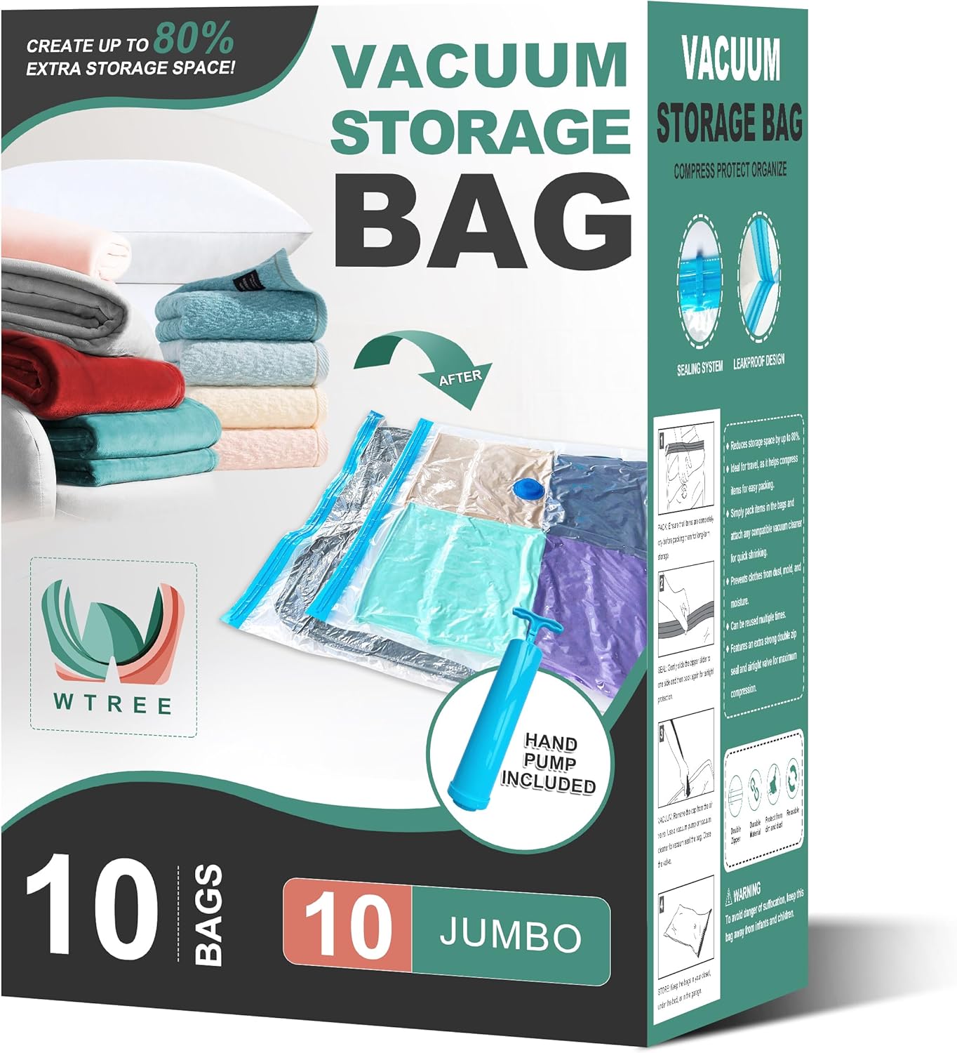 Vacuum Storage Bags - Space Saver Bags for Comforters, Blankets, Clothes Storage, 10 Jumbo Bags with Hand Pump Included