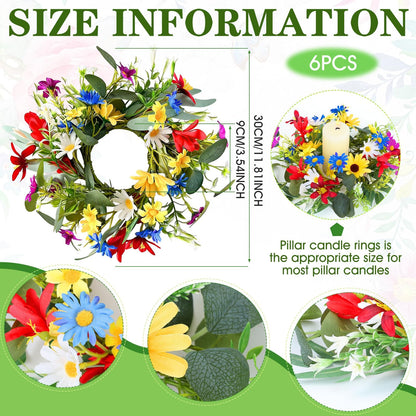 6 PCS Spring Summer Artificial Floral Candle Rings Wreath Sunflowers Daisy Forsythia Candle Rings Pillar Holder Wreath Mini Eucalyptus Candle Wreaths Kitchen Cabinet Swags for Home Tabletop Decor