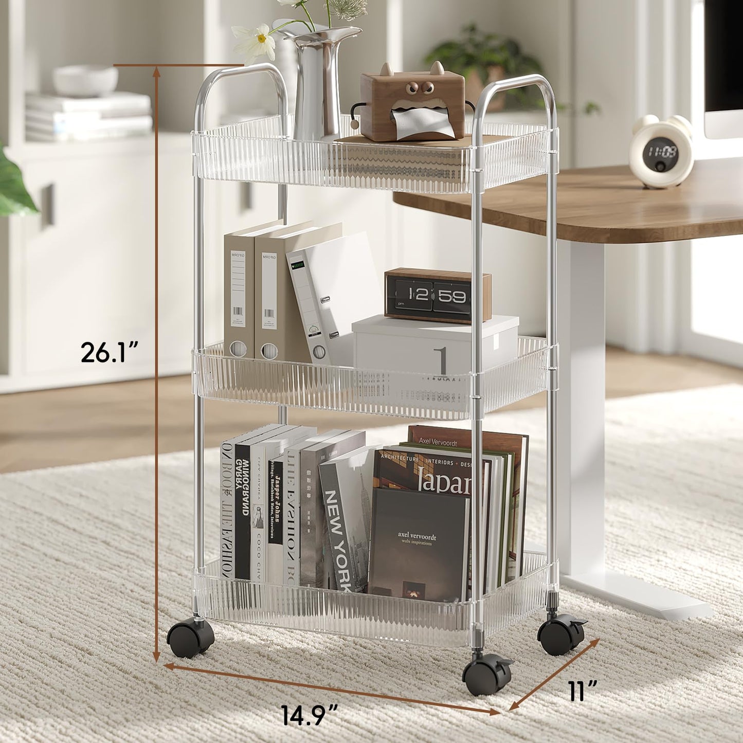 STARLATTA 3 Tier Rolling Cart with Lockable Wheels, Clear Acrylic Utility Trolley with Handle, Heavy-Duty Storage Organizer for Kitchen Bathroom Nursery Laundry - Snack Book Craft Organizer (Clear)