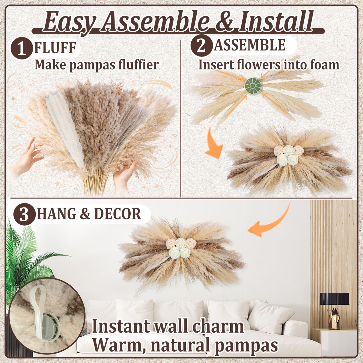 36-38" Large Pampas Grass Wall Decor, DIY Artificial Roses & Natural Dried Boho Hanging Flowers for Wall, Mirror, Wedding Arch, Entryway Decor, Gift, Requires Assembly & Easy Install
