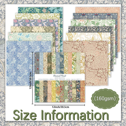 24 Sheets Scrapbook Paper 12" Double-Sided Photo Backdrop Bohemian Patterned (Floral Design J)