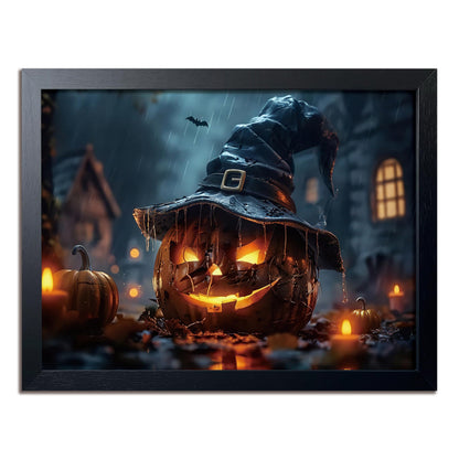 Wood Framed Dark Halloween Pumpkin Wall Art, Gothic Witch Hat Jack-o'-Lantern Canvas Print, Dark Academia Spooky Haunted House Poster Wall Art for Living Room Bedroom Room Aesthetics 12x16 inch
