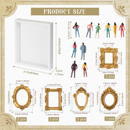 Lineshading 8 x 10 inch DIY Mini Shadow Box Kit Museum Design Silhouette Shadow Box Frame with 10 Mini Gold Frames & 10 Museum Themed Figurines for Pictures, Crafts & Home Decor Gift(White)