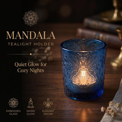 6 Pack Mandala Embossed Glass Candle Holders – Votive Tealight Holders with Patent Design, Decorative Embossed Glass Cups for Wedding Centerpieces, Parties, and Home Décor (Ocean Blue)