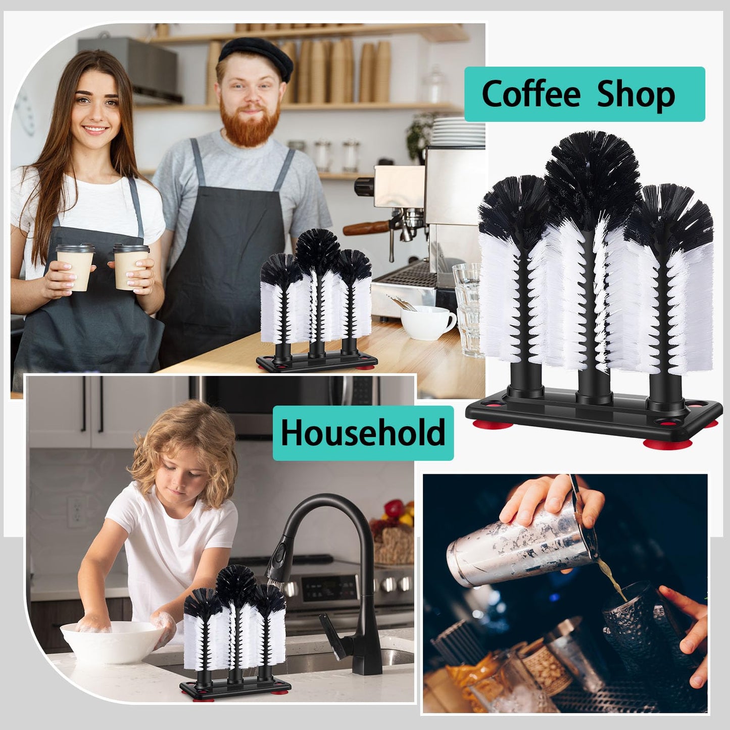 Havawish 2 Pack Water Bottle Cleaning Brush with Suction Base, 3 Head Bristle Bar Glass Washer for Sink, Cup Washer Brush Cleaner for Bar Beer Cup, Wine Glass, Long Leg Cup Kitchen Tools