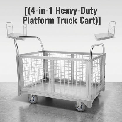 Platform cart, with cage, 4-in-1 Multi-Purpose Rolling Heavy-Duty cart, Rollable Folding cart, Load Capacity 2200 pounds, pushcart with 4 Wheels, Used in Grocery Stores,garages, Warehouses (Silver)