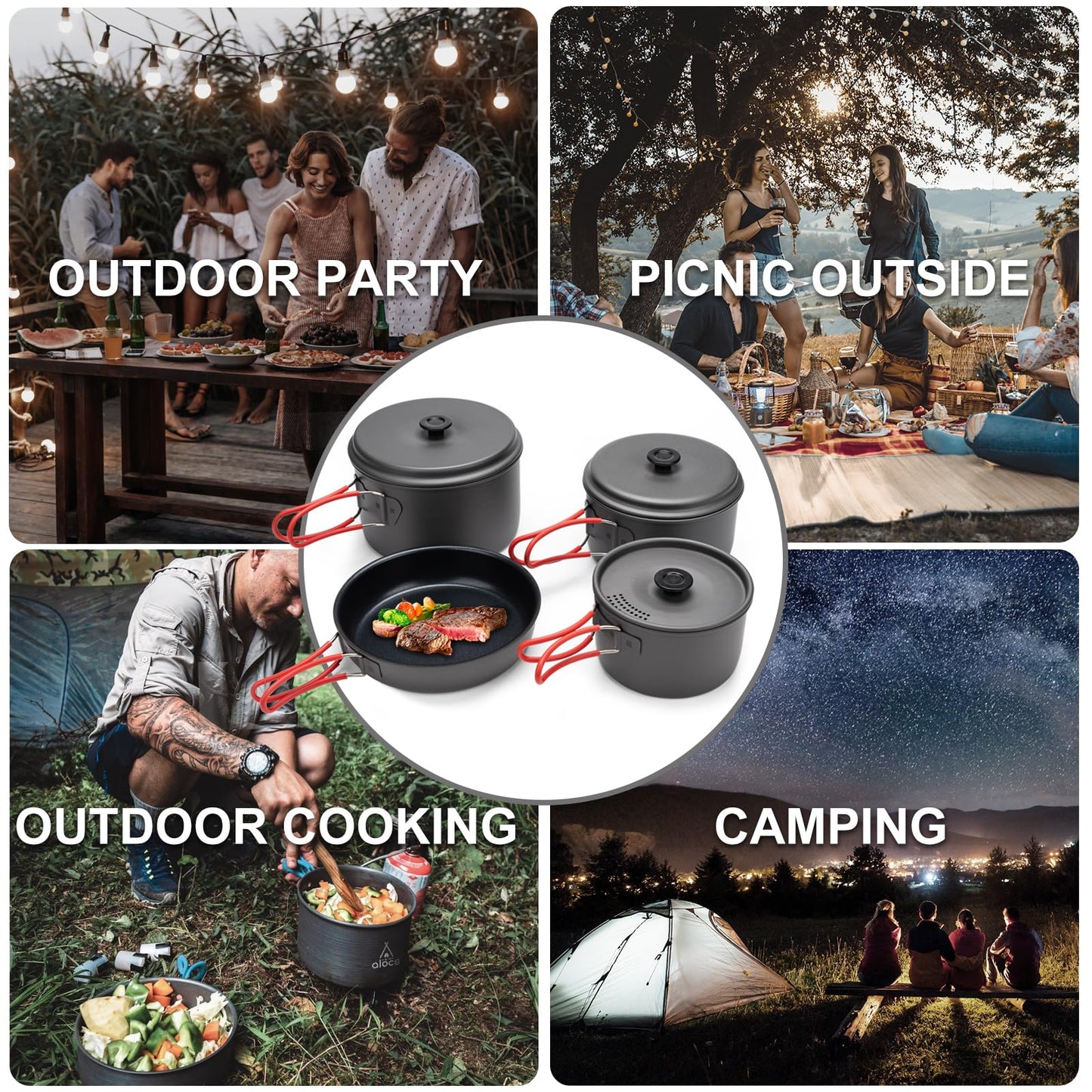 Alocs Camping Cookware, Aluminum Camping Cooking Set Camp Kitchen, Portable Camping Pots and Pans Set Essentials Mess Kit for Backpacking, Outdoor Cooking and Picnic