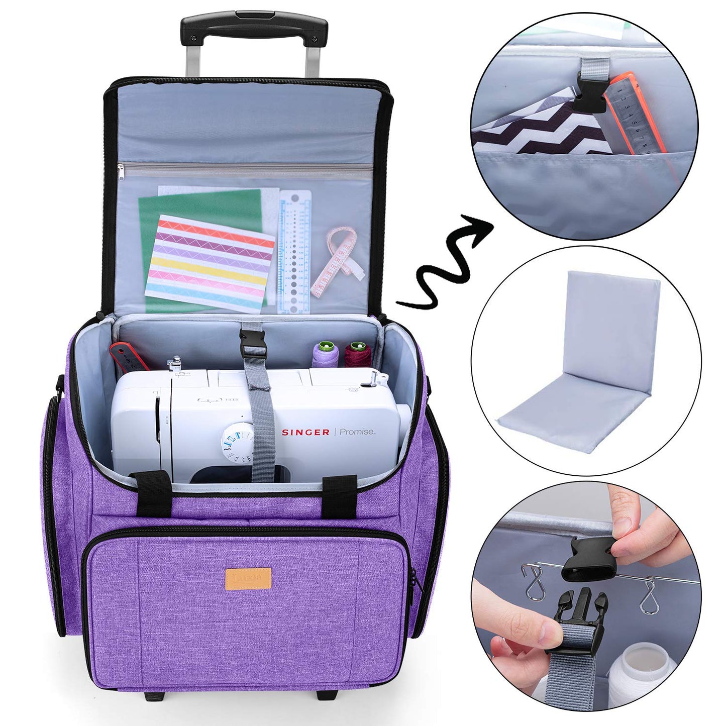 LUXJA Sewing Machine Case with Detachable Dolly, Sewing Machine Tote with Removable Bottom Pad (Patent Design), Purple