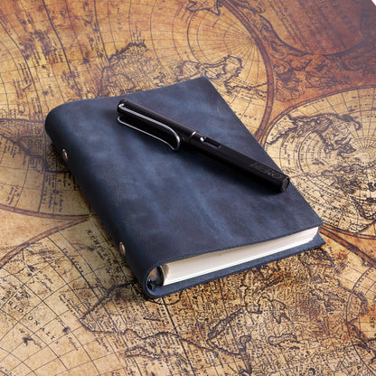 Fishknow A6 Refillable Notebook,Blue Genuine Leather 5x7In 6 Ring Binder Journal for Women Men