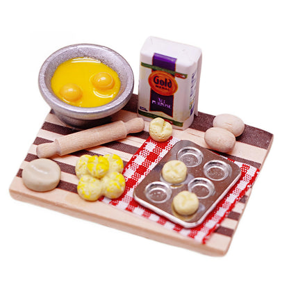 Miniature Dollhouse Kitchen Baking Set with Rolling Pin, Mixing Bowl, Bread Molds, Checkered Mat, Food Preparation Board, Photography Props