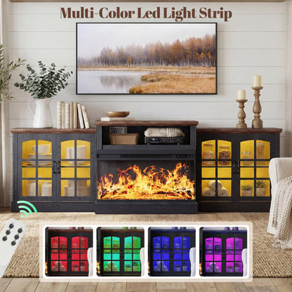 97" Farmhouse Fireplace TV Stand for TVs Up to 100", Entertainment Center with 36" 3-Sided Glass Electric Fireplace, 12 Flame Colors & LED Light Modes, Media Console for Living Room, Black