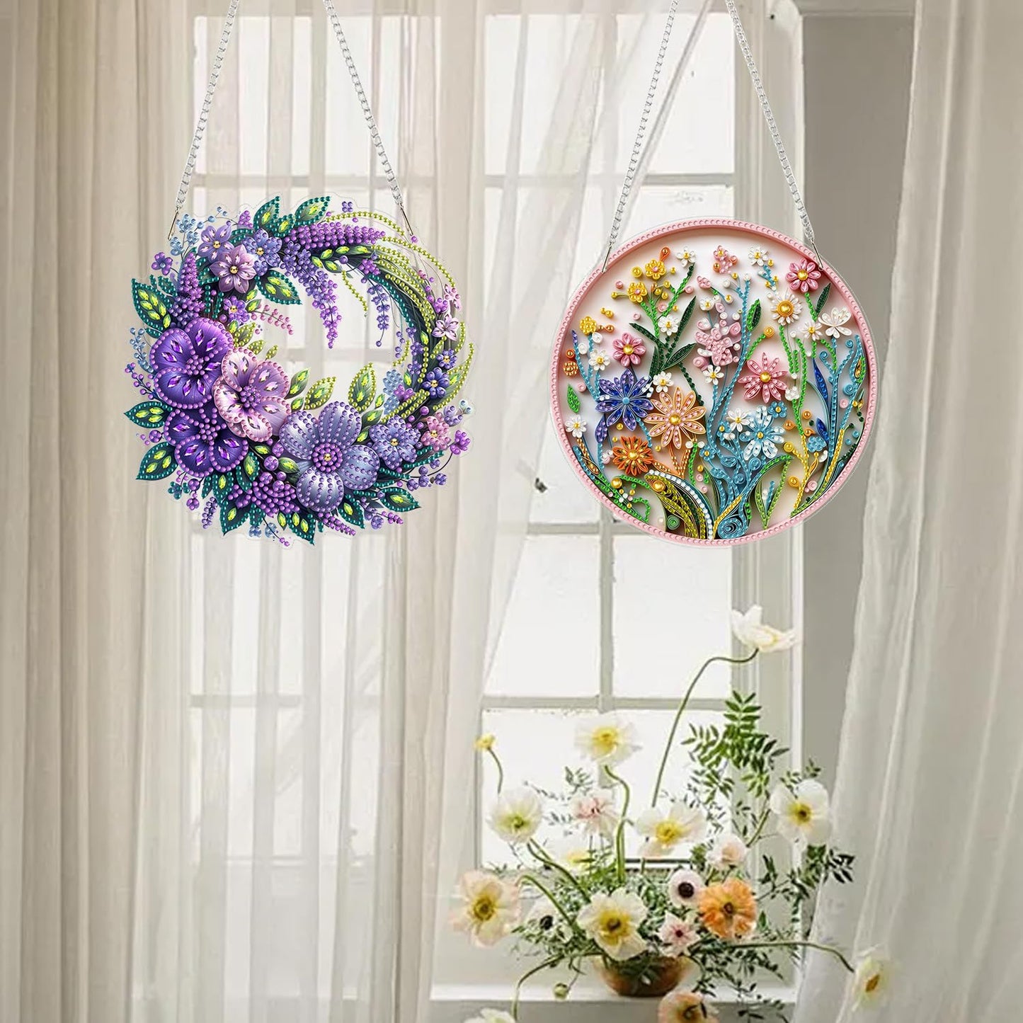 AIBOERL Diamond Art Hanging Kit for Adult,Special Shaped Rhinestone,Double Sided 5D DIY Acrylic Diamond Art Painting Window Pendants Home Garden Wall Hanging Kits Hanging Ornament (2 Pack Flower)