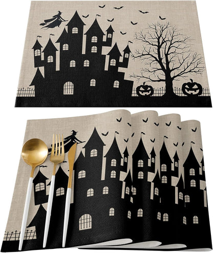 Halloween Placemats Set of 4, Cotton Linen Place Mats with Castle Witch, Pumpkin Lamp, Bat for Dinner Party