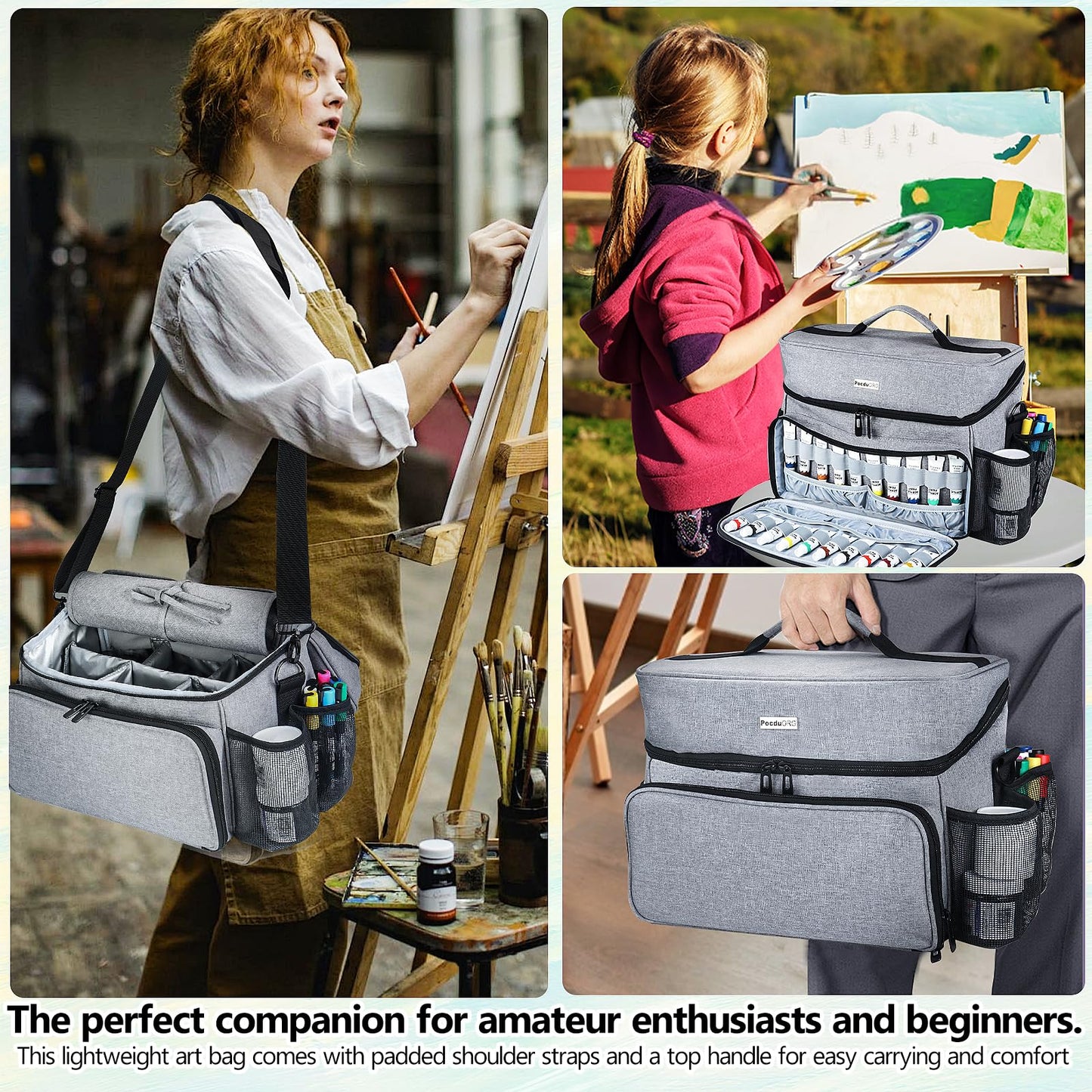 Acrylic Paint and Brush Set Organizer Bag - Carrying Case Compatible with Apple Barrel, Shuttle Art, Caliart Art Supplies - Includes Detachable Paint Brush Holder - for Travel/Outdoor Sketching (Gray)