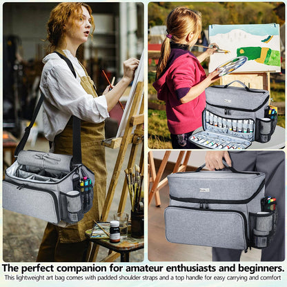 Acrylic Paint and Brush Set Organizer Bag - Carrying Case Compatible with Apple Barrel, Shuttle Art, Caliart Art Supplies - Includes Detachable Paint Brush Holder - for Travel/Outdoor Sketching (Gray)