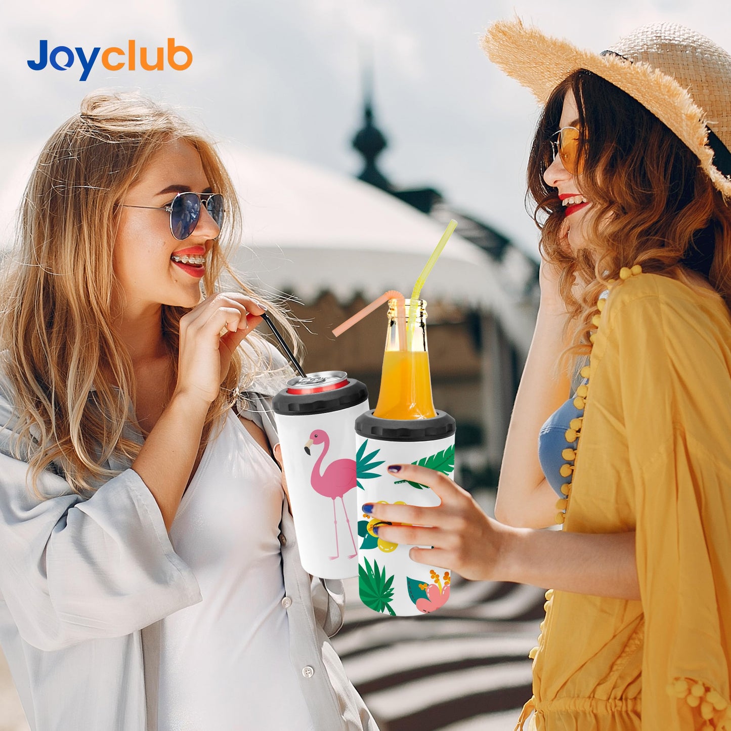 Joyclub 4 Pack 16oz Sublimation Beer Can Cooler Blanks 4 in 1 Stainless Steel Cups Double Wall Insulated Tumblers with Splashproof Lid, Non-slip Silicone Base