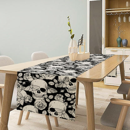 13x36 inches Gothic Table Runner White Skull Flowers Moth Pattern Table Runner Table Cloth Decoration Dresser Garden