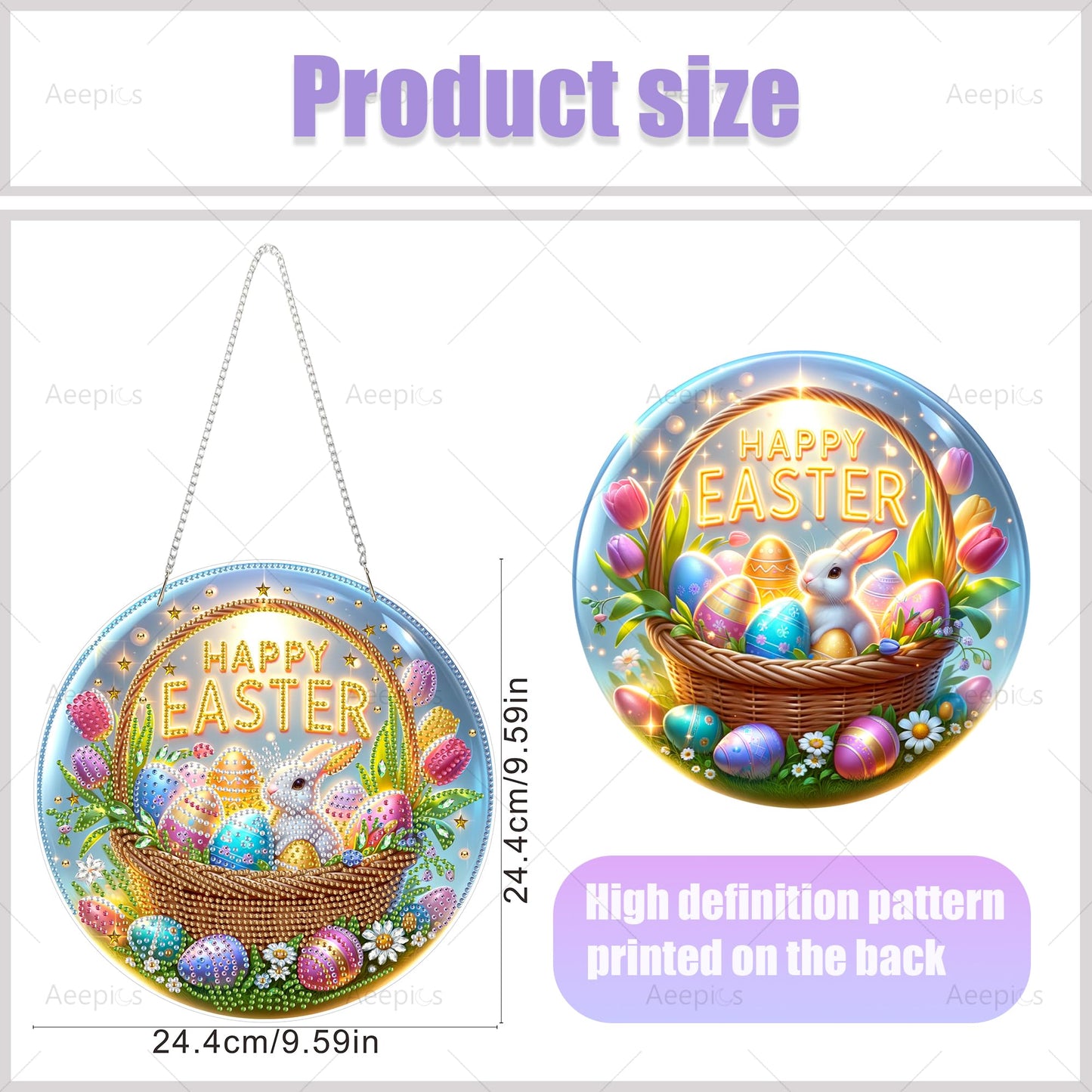 Aeepics Easter Diamond Art Hanging Kits for Adult, DIY Round Diamonds Painting Pendant Ornament Kit, Acrylic Diamond Art Board Painting (Happy Easter)