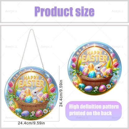 Aeepics Easter Diamond Art Hanging Kits for Adult, DIY Round Diamonds Painting Pendant Ornament Kit, Acrylic Diamond Art Board Painting (Happy Easter)