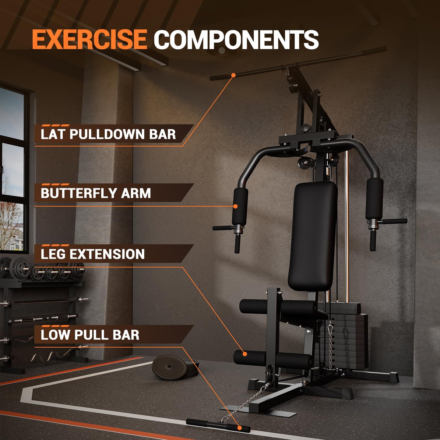 Home Gym Equipment, Multifunctional Workout Station with 100LBS Weight Stack, Home Gym Machine for Full Body Traning with LAT Pulldown System