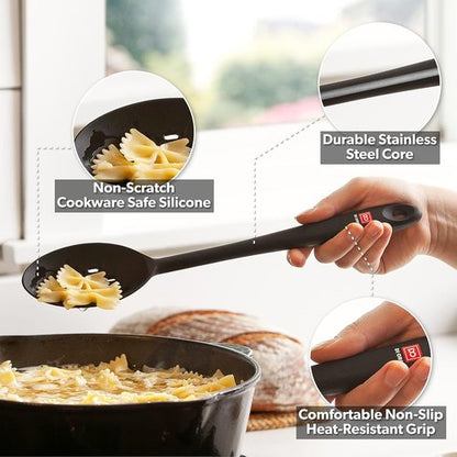 DI ORO Silicone Cooking Spoons - Heat-Resistant Utensils for Mixing & Serving - 600°F, Dishwasher Safe (2pc, Black)