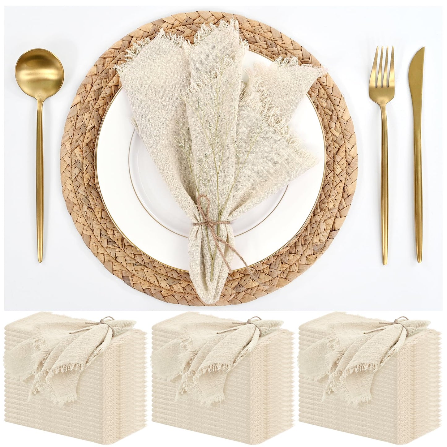60 Pack Cotton Linen Napkins 16 x 16 Inch Linen Napkins Cloth Handmade with Fringe Soft Cloth Napkins Washable Rustic Dinner Napkins Cloth for Wedding Party Dinner Table(Natural)