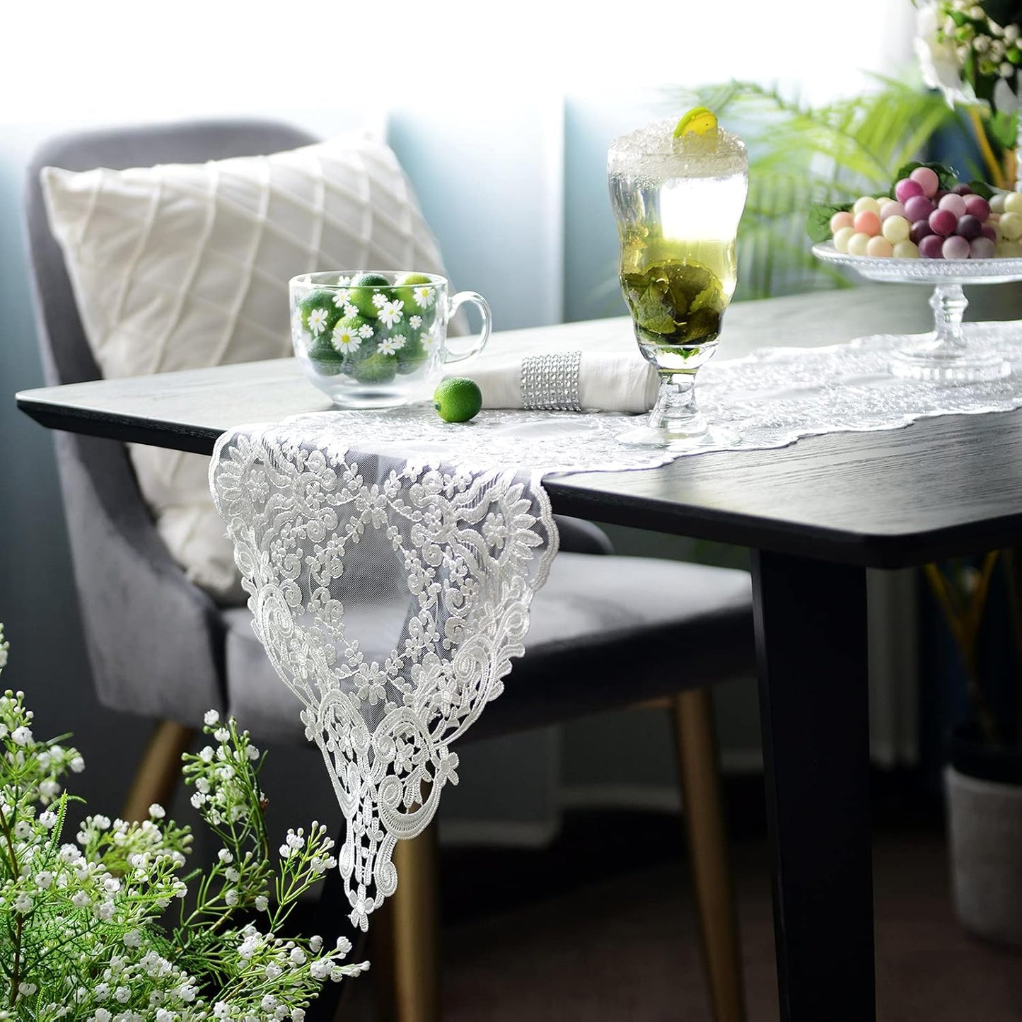 12"108") SUTAVIA Lace Patio Table Runner Embroidered Dresser Scarf Classic Rectangular Macrame Tablerunner for Kitchen