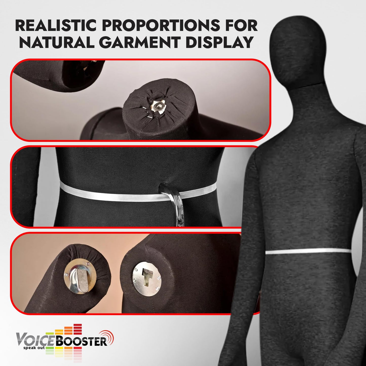 Full Body Male Mannequin by Voicebooster Speak Out - Flexible, Bendable, Poseable Standing Mannequin with Adjustable Arms - Soft Foam Dress Form for Costumes, Clothing Display, Sewing - Black
