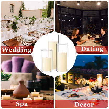 Shihanee 36 Pcs Pillar Candles and Glass Cylinder Vases Tall Cylinder Holders for Pillar Candles Wedding Centerpieces, Total 18 Sets(2.6'' X 4.7'', 5.9'', 7.9'',Clear,Ivory)