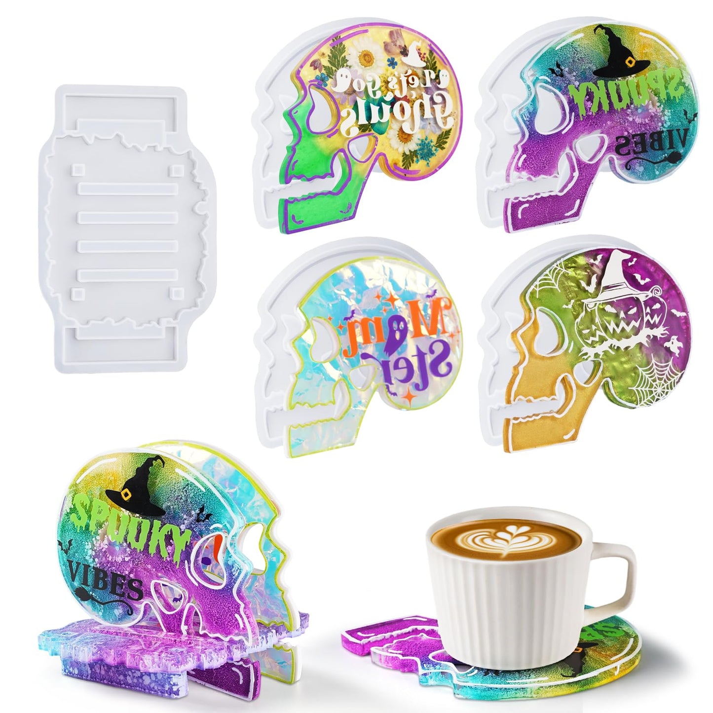 LET'S RESIN 4 Pcs Skull Coaster Resin Molds, Coaster Silicone Molds with Holder, Halloween Coaster Molds for Epoxy Resin, Skull Coasters Decoration for Festival, Ideal Gifts for Crafter and Artist