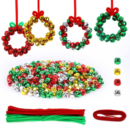 YBB 320Pcs Jingle Bell Wreath Ornaments Kit, 0.59inch Christmas Crisp Sound Bells for Craft with 20 Chenille Stems and Red Ribbon for Christmas Tree Party Decorations Kids DIY Crafts (Set of 10)