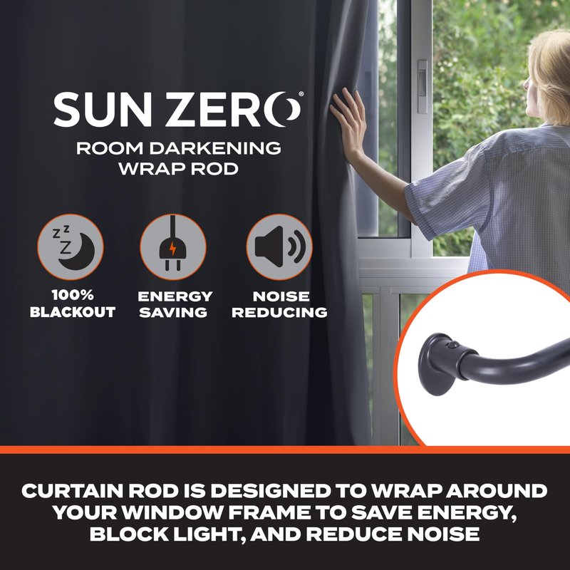 Sun Zero – Wrap Around Curtain Rod, Blackout Room Darkening Design with 5/8" Steel Tube, Adjustable 28–48", Black