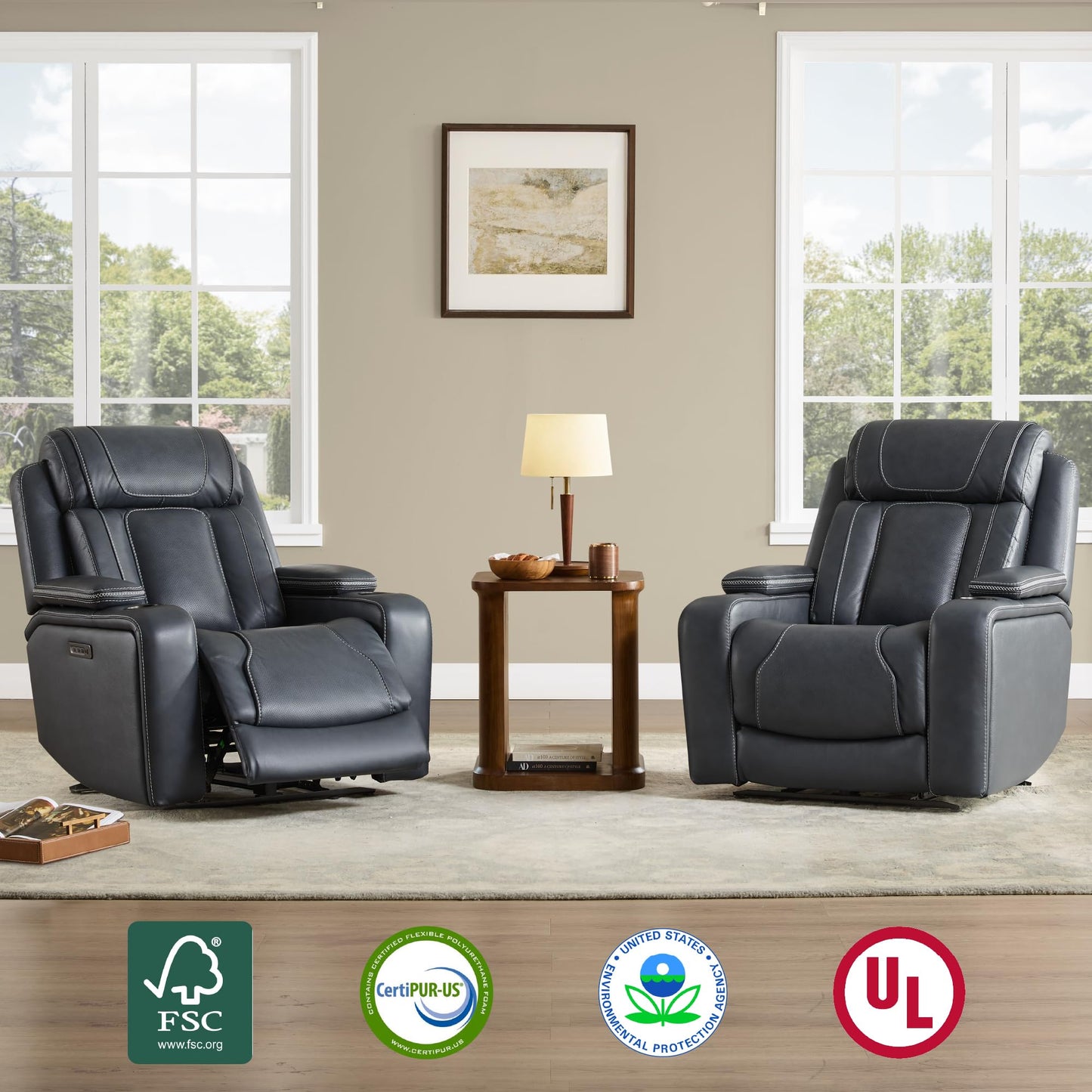 Watson & Whitely Super Zero Gravity Recliner Chair, Oversized Genuine Leather Electric Recliner W Power Adjustable Headrest & Lumbar Support Hidden Storage for Living Room, Navy Blue