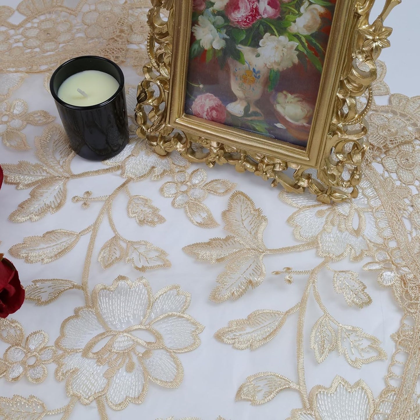 24 Inch Retro Round Lace Tablecloth Embroidered Table Cover Decorative Dining Doily for Wedding & Cafe, Brown