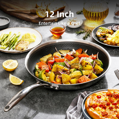 DELUXE Hybrid Ceramic Nonstick 12-Inch Fry Pan with Tempered Glass Lid, Skillet with Stay-Cool Handles, Dishwasher&Oven Safe, PFOA Free Compatible with All Cooktops