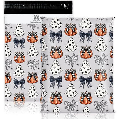 JarThenaAMCS 100Pcs Halloween Poly Mailers 10 x 13 Inch Ghost Pumpkin Bow Packaging Bags Self Seal Mailing Envelope Bags for Small Business Packing Moving