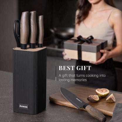Astercook Knife Set, 6-Piece Kitchen Knife Set with Block, High Carbon Stainless Steel Ultra Sharp Kitchen Knives, Wood Grain Handle, Dishwasher Safe Knife Block Set, Black, Mothers Day Gifts
