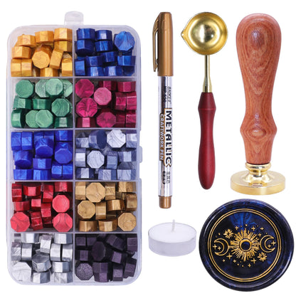 SWANGSA Sun and Moon Wax Seal Stamp Kit with 200pcs Sealing Wax Beads, Great for Embellishment of Invitations, Christmas, Wine Packages, Gift Idea