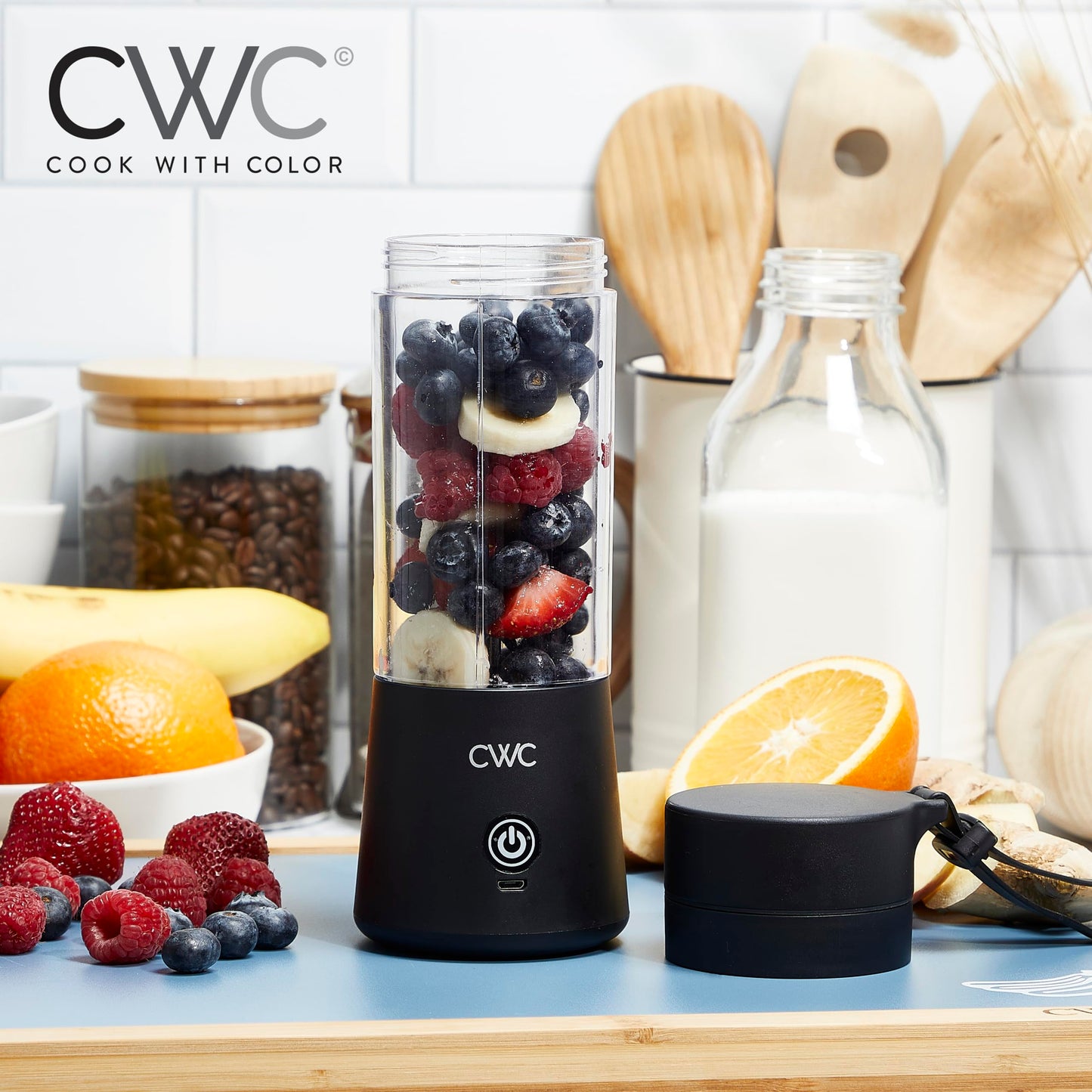 COOK WITH COLOR Mini Portable Blender - 250W Power, 12oz Capacity, Stainless Steel Blade, Wireless/USB Rechargeable, Grey
